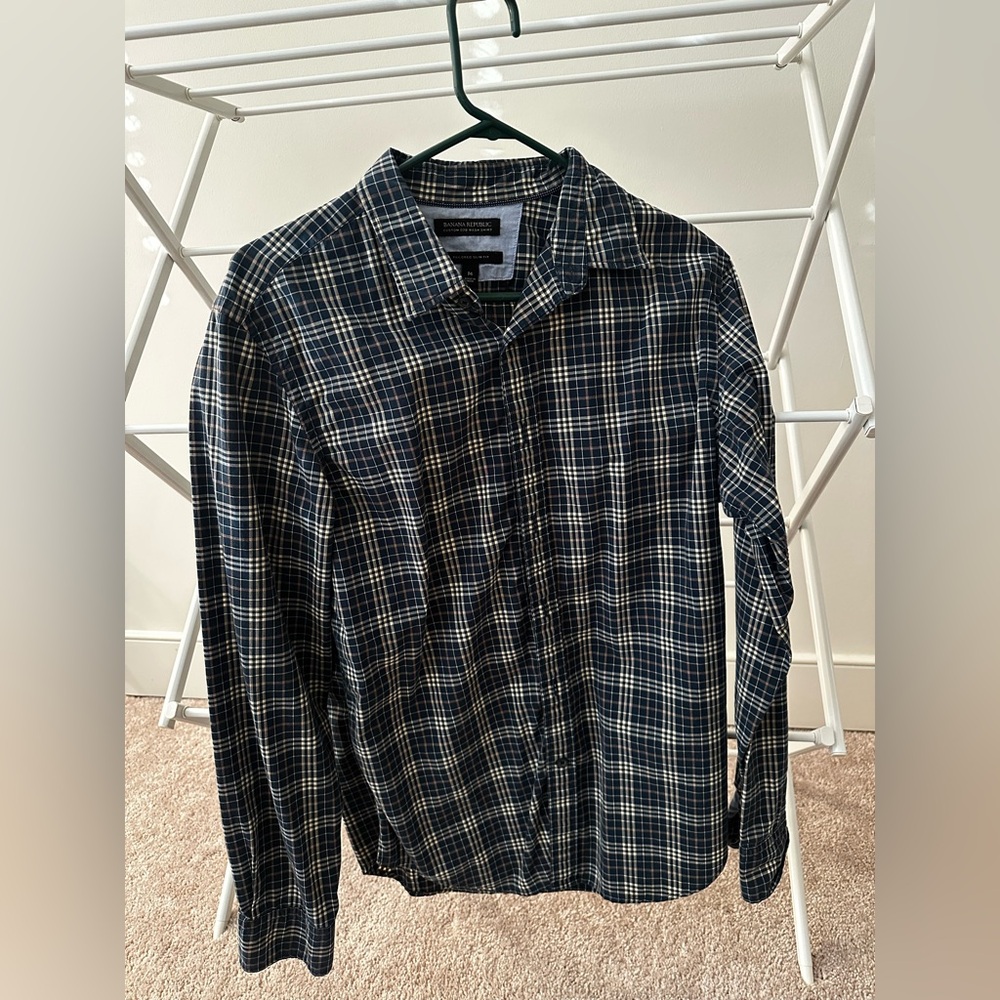 Banana Republic Men's Navy and White Plaid Shirt